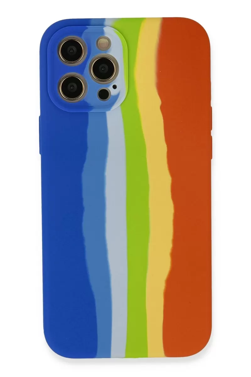 iPhone 12 Pro Kılıf Ebruli Lansman Silikon - Mavi-Turuncu