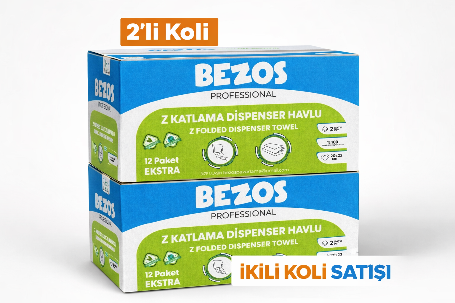 Bezos Z Katlamalı Dispenser Havlu 2 Katlı 20x22 cm %100 Selüloz 2 Koli Avantaj Paket