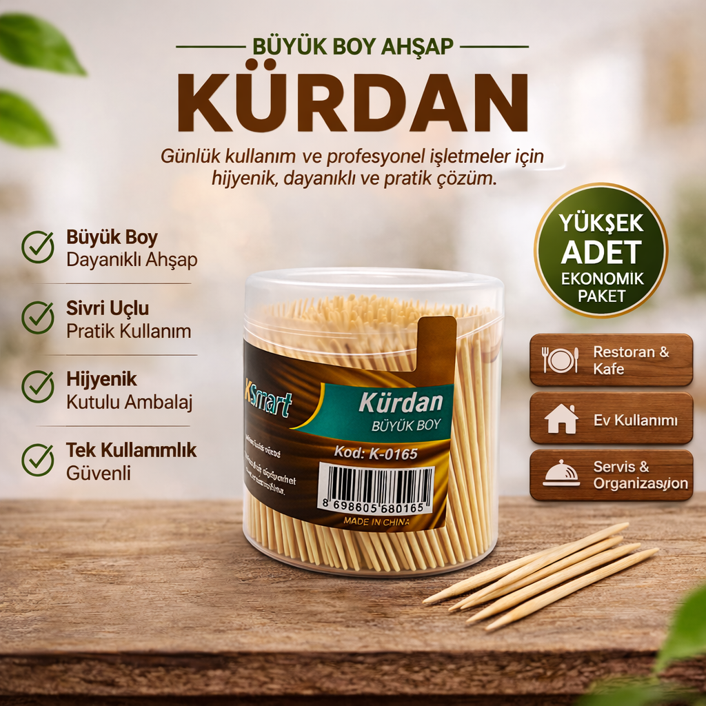 Kürdan Büyük Boy Ahşap Kürdan Hijyenik Paket Tek Kullanımlık Dayanıklı Kürdan Seti 1 Adet