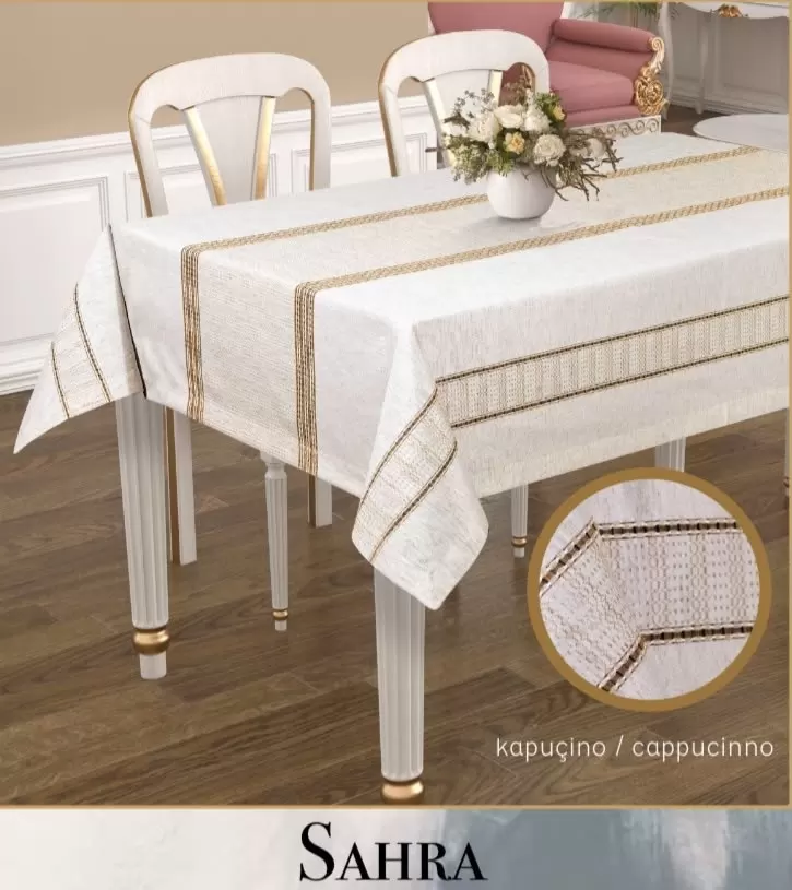 Kapiçino Sahra Model 160x220 cm Polyester Ajurlu Keten Masa Örtüsü Tablecloth Yemek Masası