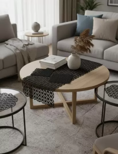 Açılı Model Siyah 5 Parça Salon Takımı Dantel Runner Seti Masa Örtüsü