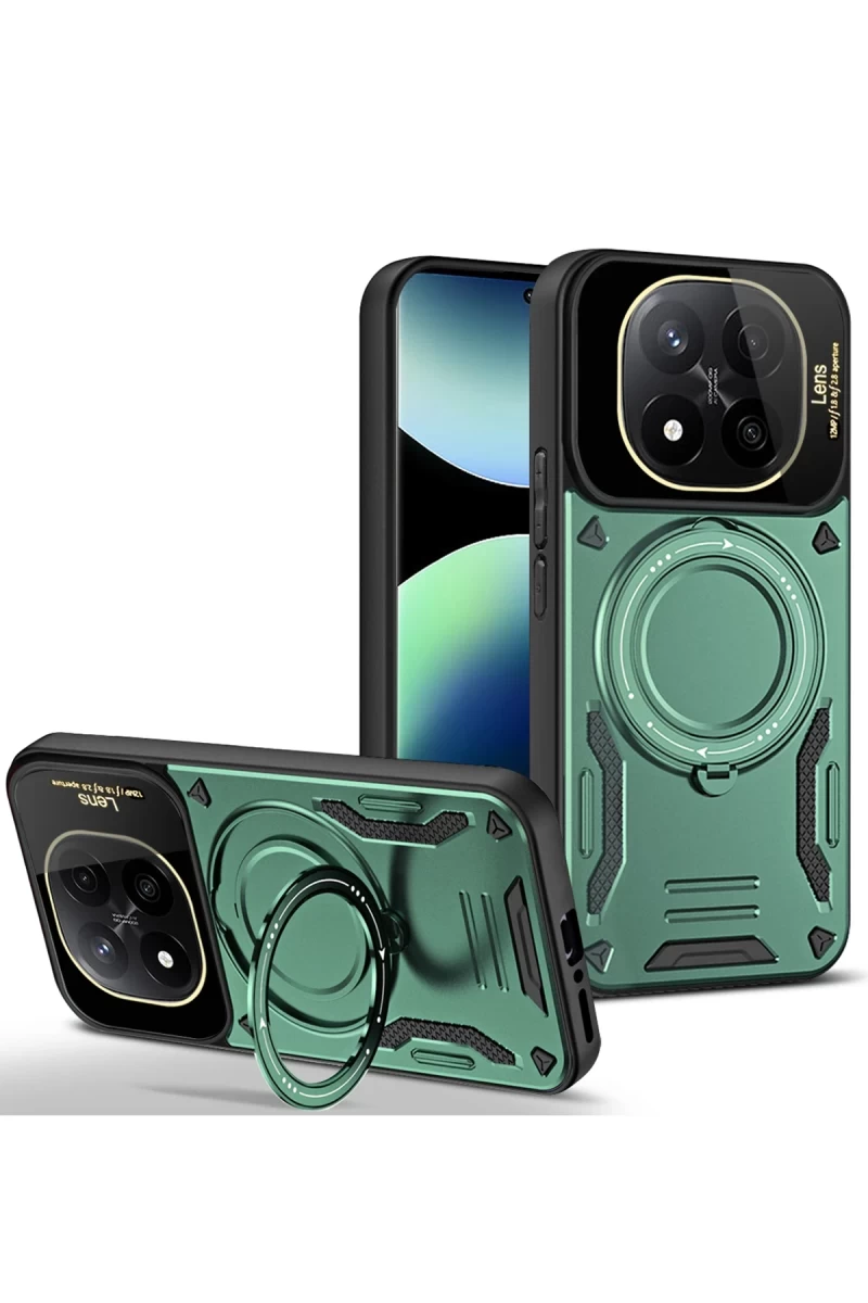 Xiaomi Redmi Note 14 Pro 5G Uyumlu Kılıf Joy Lens Standlı Kapak - Koyu Yeşil