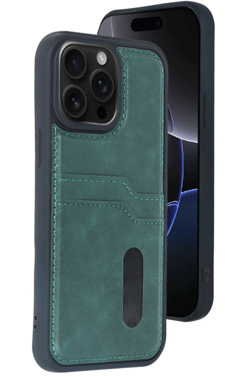 Apple iPhone 15 Pro Max Uyumlu Kılıf Sara Kartvizitli Deri Kılıf - Koyu Yeşil