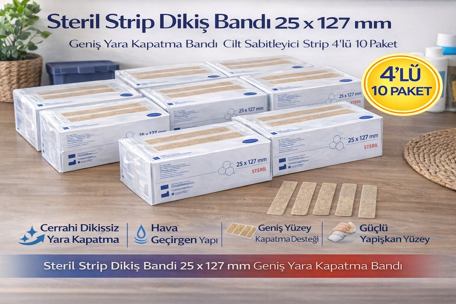 Steril Strip Dikiş Bandı 25 x 127 mm Geniş Yara Kapatma Bandı Cilt Sabitleyici Strip 4’lü 10 Paket