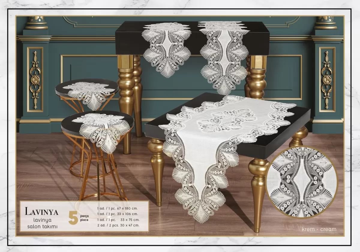Salon Takımı Çeyizlik Lavinya Model Krem-Krem 5 Parça Keten Dantelli Runner Seti