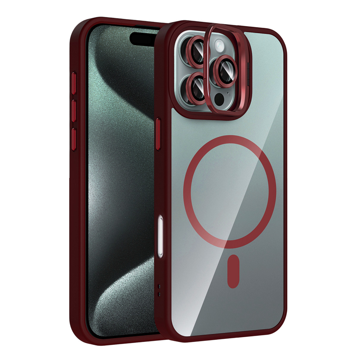 iPhone 16 Pro Max Remim Lensli Magsafe Standlı Kapak - Bordo