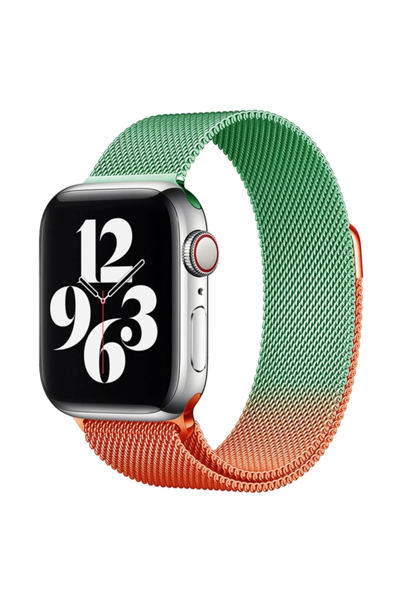 Apple Watch 38mm Uyumlu Metal Mıknatıslı Kordon - Turuncu-Yeşil