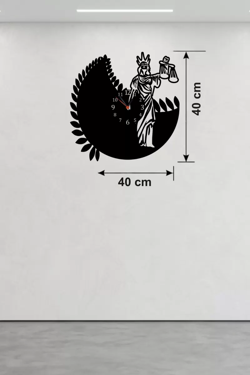 Adalet Tanrıçası Themis Tasarım Ahşap Duvar Saati - 40x40 cm Avukat Hediyesi