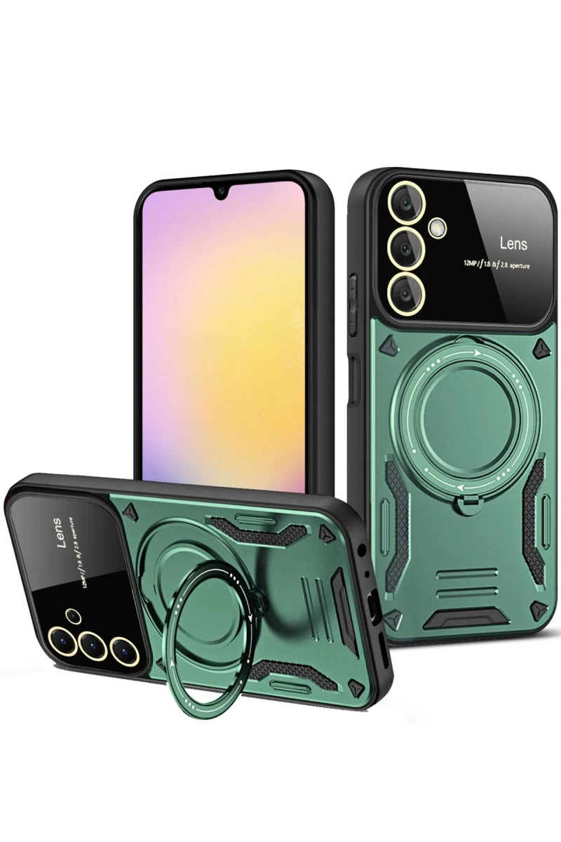Samsung Galaxy S25 Plus Uyumlu Kılıf Joy Lens Standlı Kapak - Koyu Yeşil
