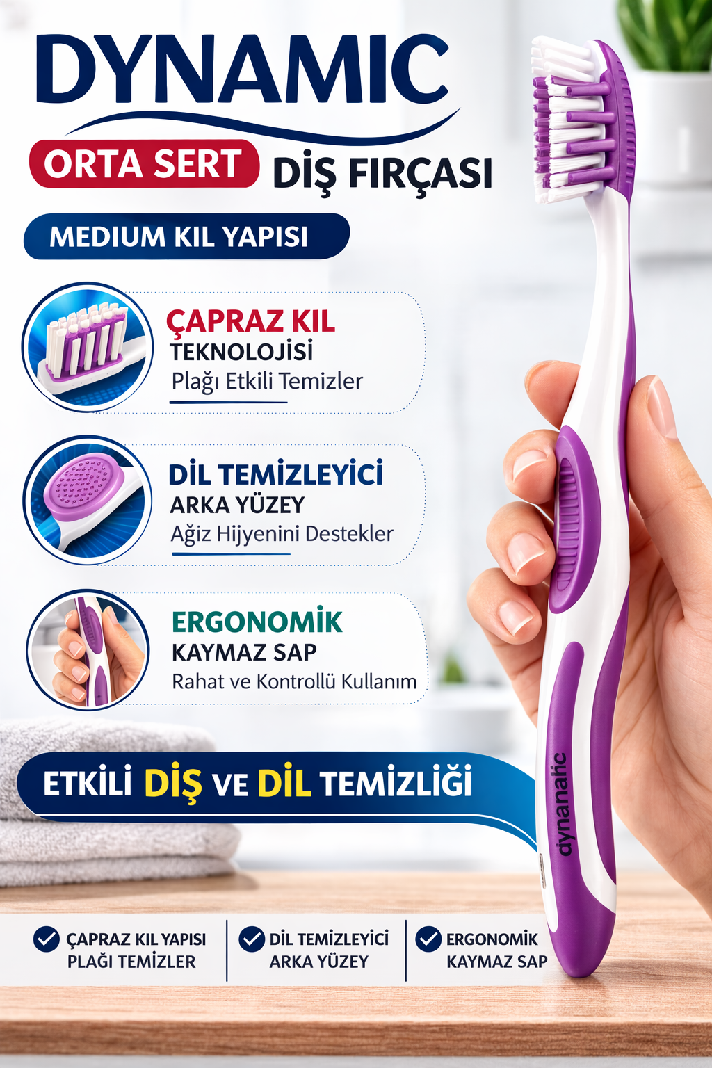 Dynamic Orta Sert Diş Fırçası Medium Çapraz Kıl Yapılı Dil Temizleyicili Ergonomik Diş Fırçası 1 Adet
