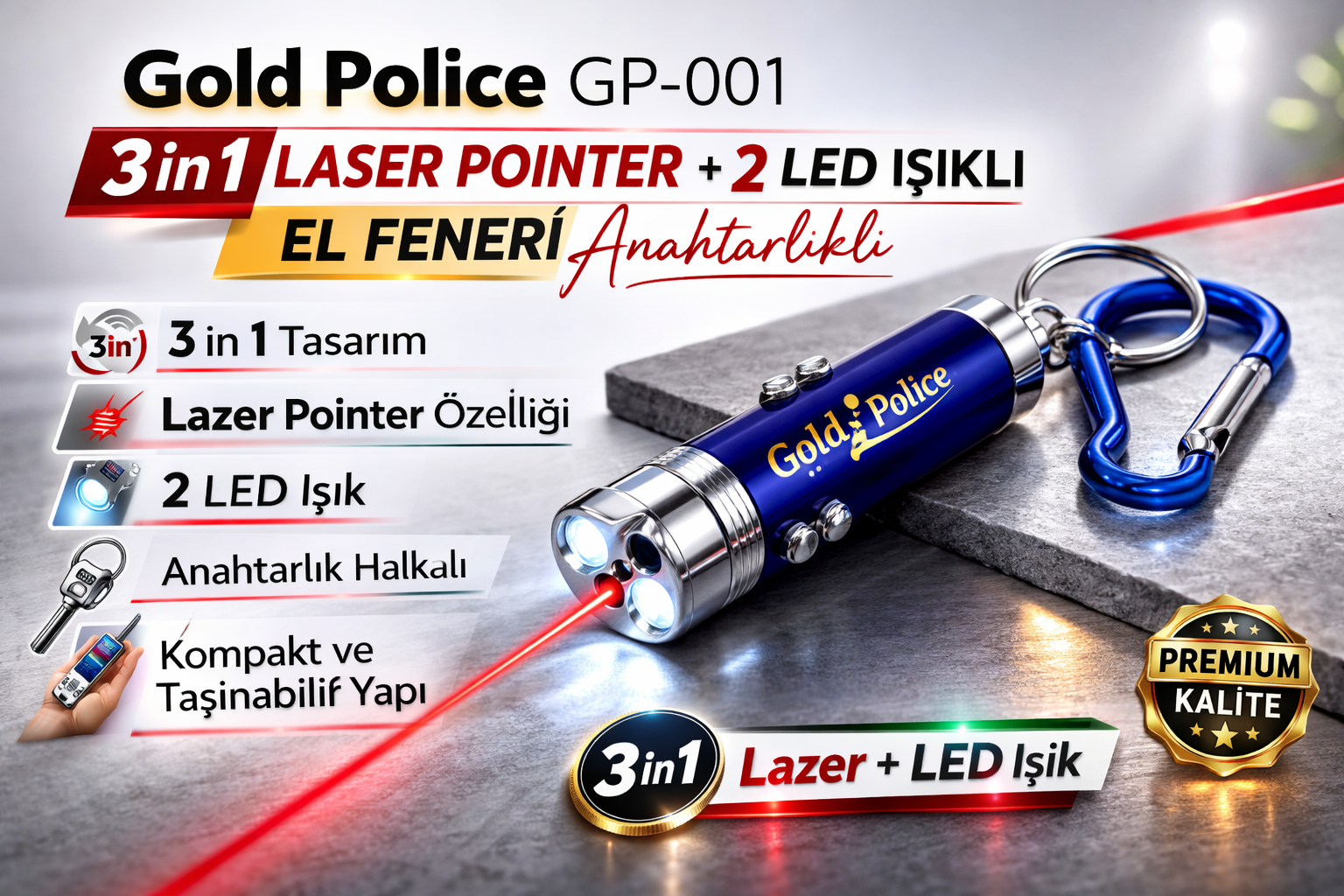 Gold Police GP-001 3 in 1 Laser Pointer + 2 LED Işıklı El Feneri Anahtarlıklı 1 Adet