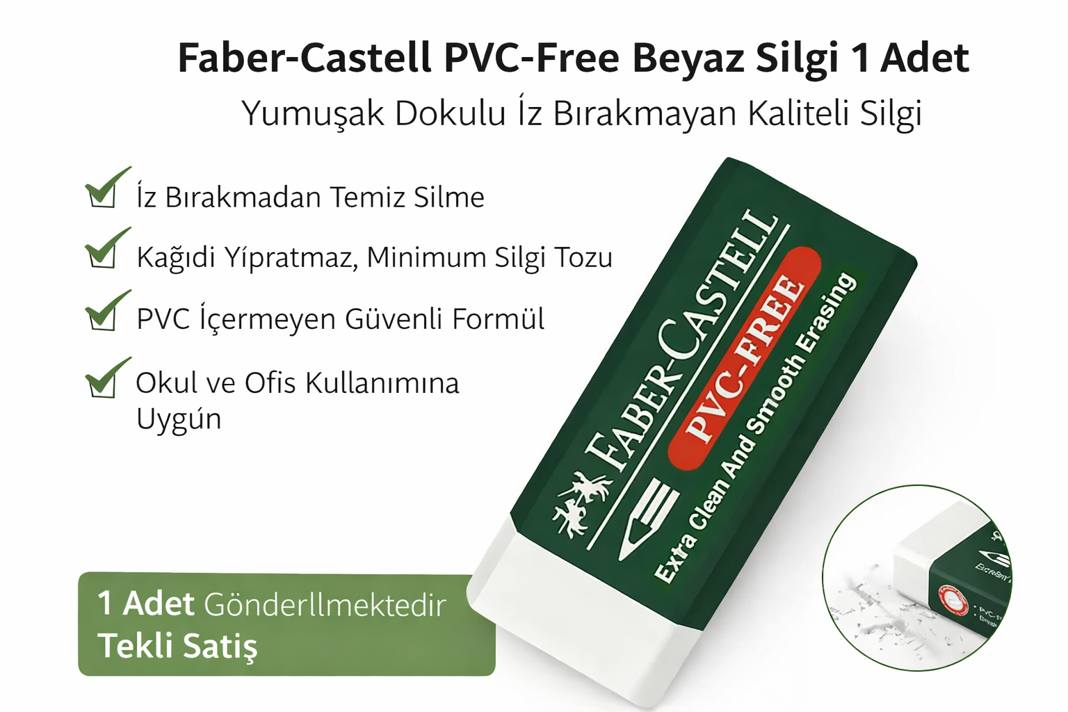 Faber-Castell PVC-Free No24 Beyaz Silgi 1 Adet Yumuşak Dokulu İz Bırakmayan Kaliteli Silgi