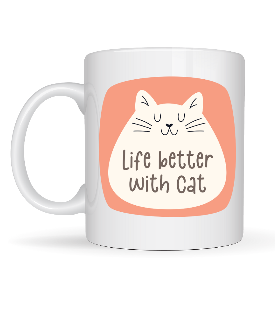 Life Better With Cat – Sevimli Kedi Tasarımlı Porselen Kupa MODEL 65 Kahve &amp; Çay Kupası Hediyelik Kupa