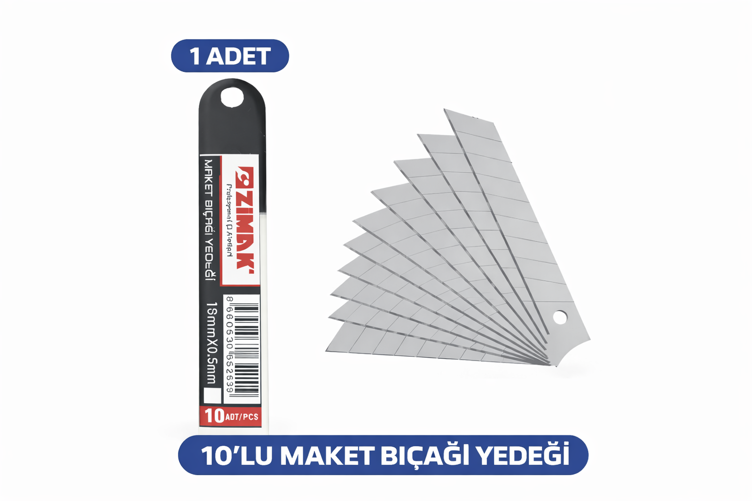 Zimak 18mm Maket Bıçağı Yedeği 0.5mm Karbon Çelik Profesyonel Kesici Uç 10’lu 1 Paket