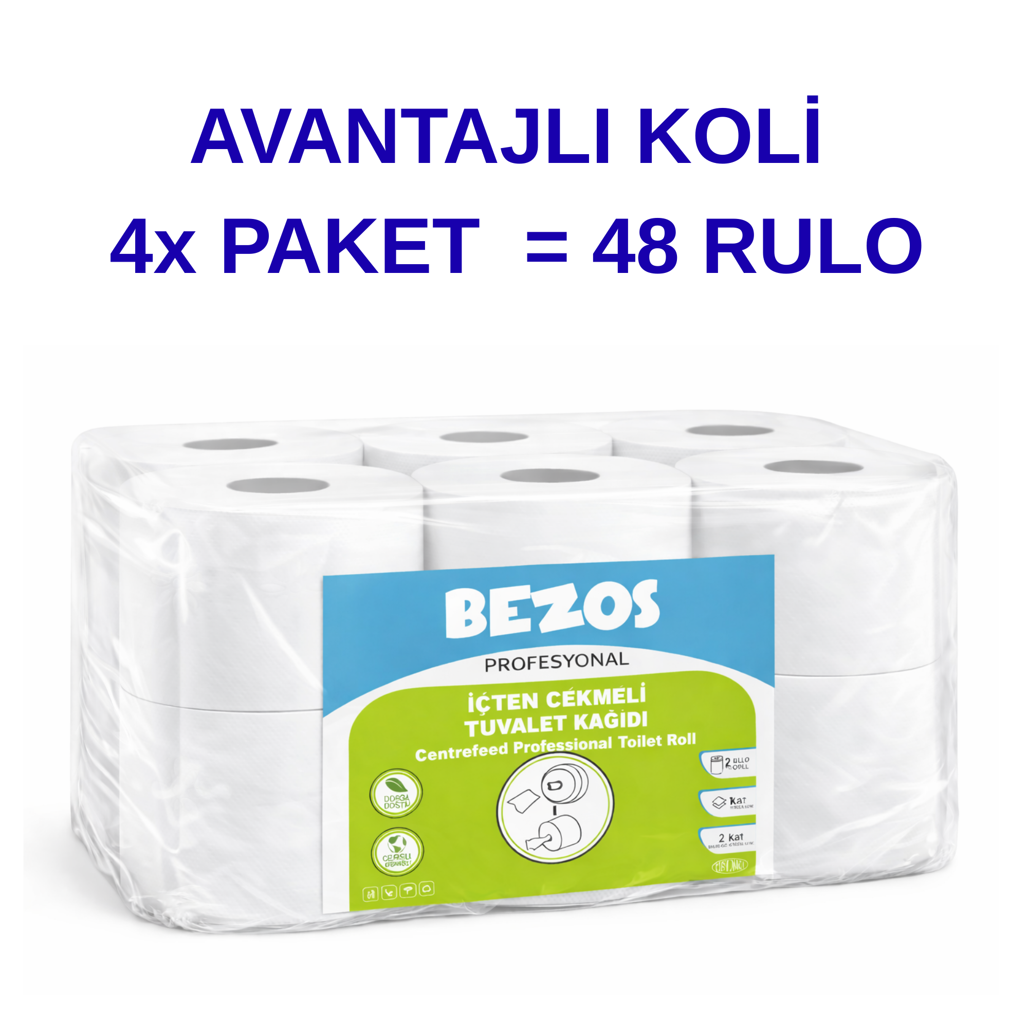 Bezos Profesyonel İçten Çekmeli Tuvalet Kağıdı 48 Rulo | Mini Cimri | 2 Katlı %100 Selüloz 4X12RULO