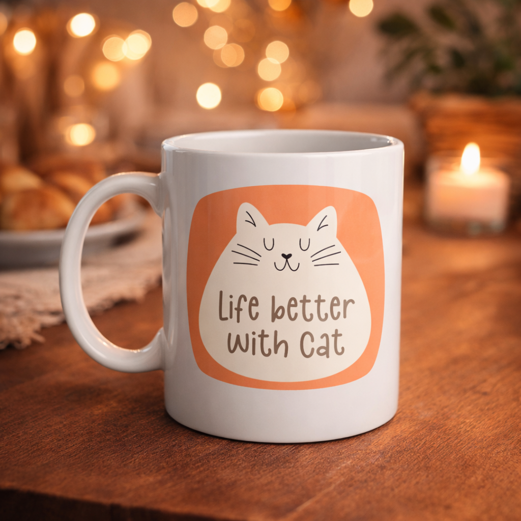 Life Better With Cat – Sevimli Kedi Tasarımlı Porselen Kupa MODEL 65 Kahve &amp; Çay Kupası Hediyelik Kupa