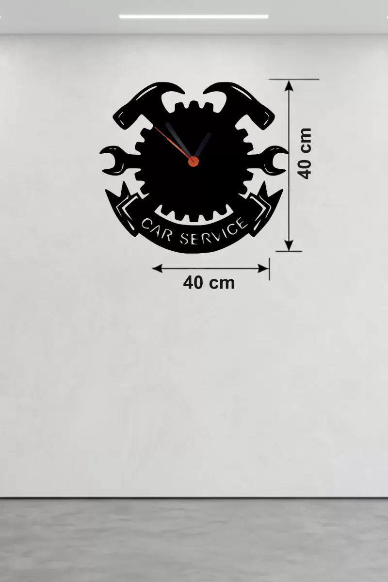 Car Service Temalı Ahşap Duvar Saati - 40x40 cm Teknik Servis Dekoru