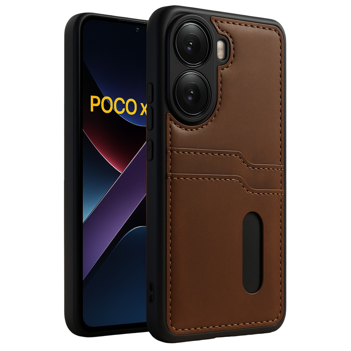 Poco X7 Pro Kılıf Sara Kartvizitli Deri Kılıf - Taba