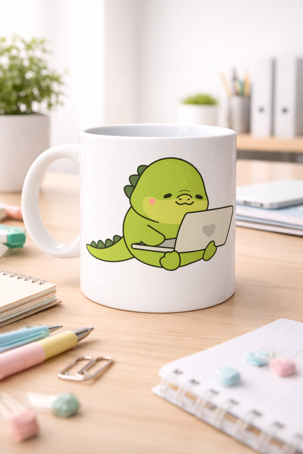 Sevimli Dinozor Tasarımlı Porselen Kupa MODEL 117 – Laptoplu Tatlı Dino Figürlü Ofis &amp; Ev Kahve Kupası