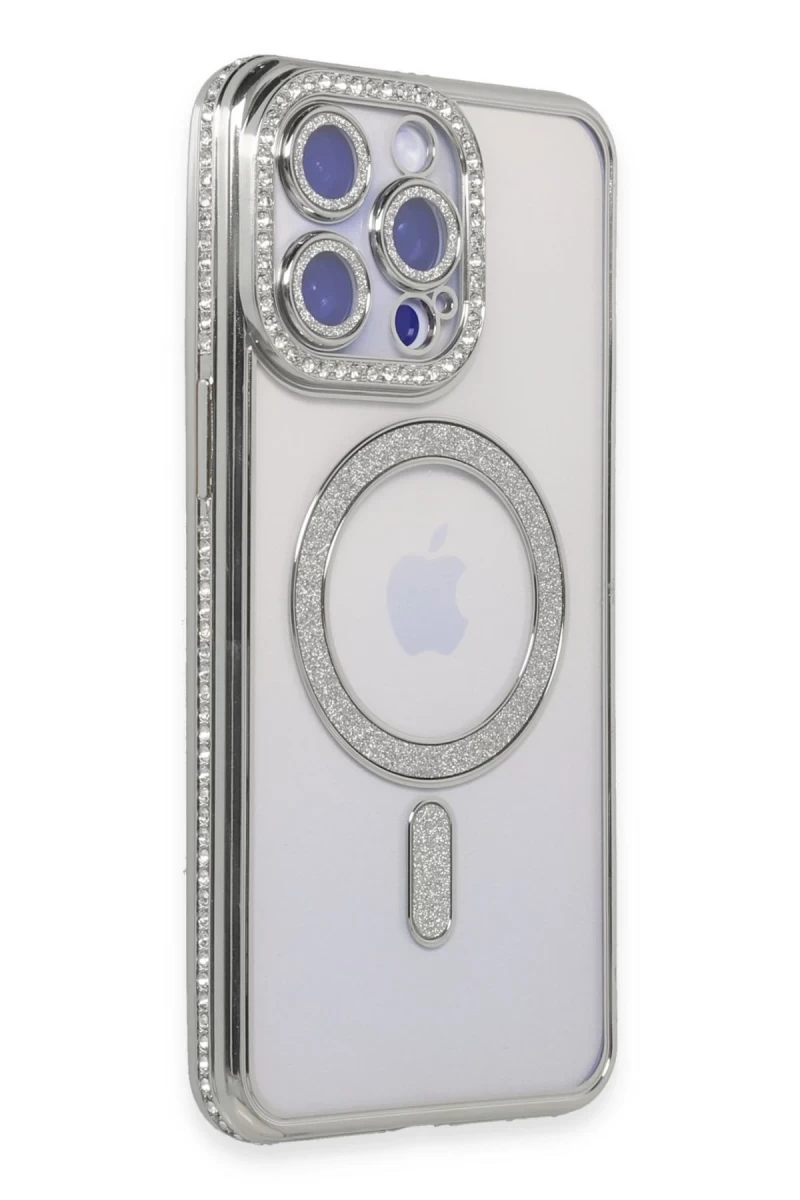 Apple iPhone 15 Pro Max Uyumlu Kılıf Joke Simli Magneticsafe Kılıf - Gümüş