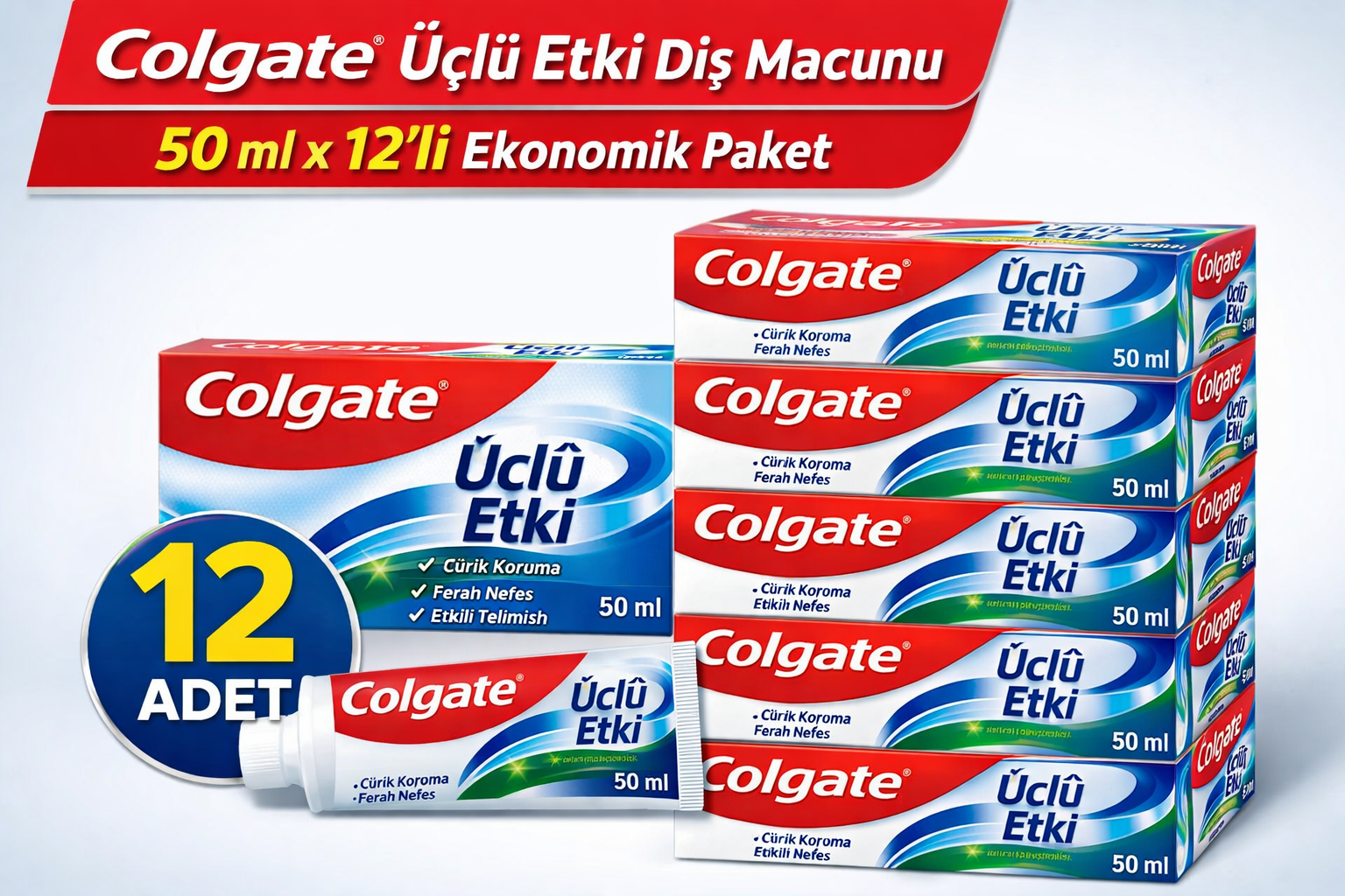 Colgate Üçlü Etki Diş Macunu 50 ml Çürük Koruma &amp; Ferah Nefes 12 ADET
