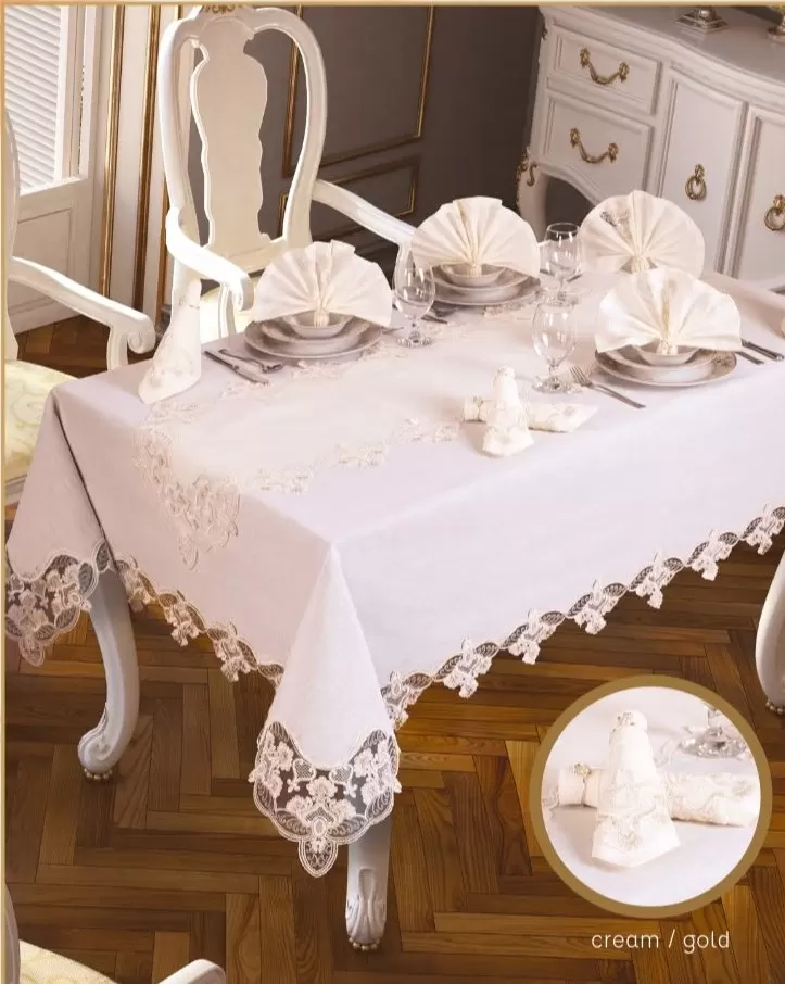 Karanfil Gardenya Keten Krem-Gold 26 Parça 12 Kişilik Premium 160 × 220 cm Masa Seti