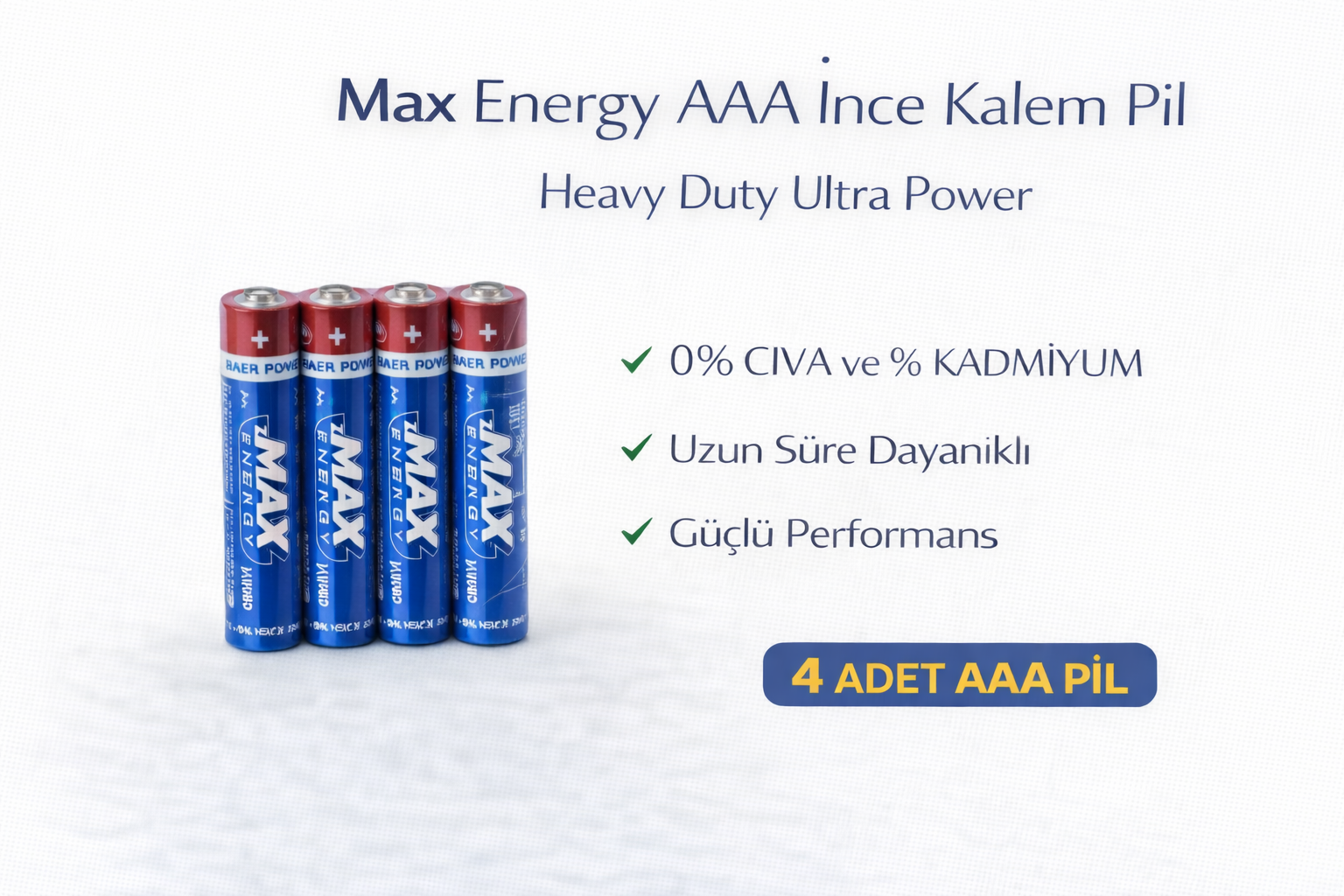 Max Energy AAA İnce Kalem Pil 1.5V R03 Heavy Duty Ultra Power 4 lü 1 Paket