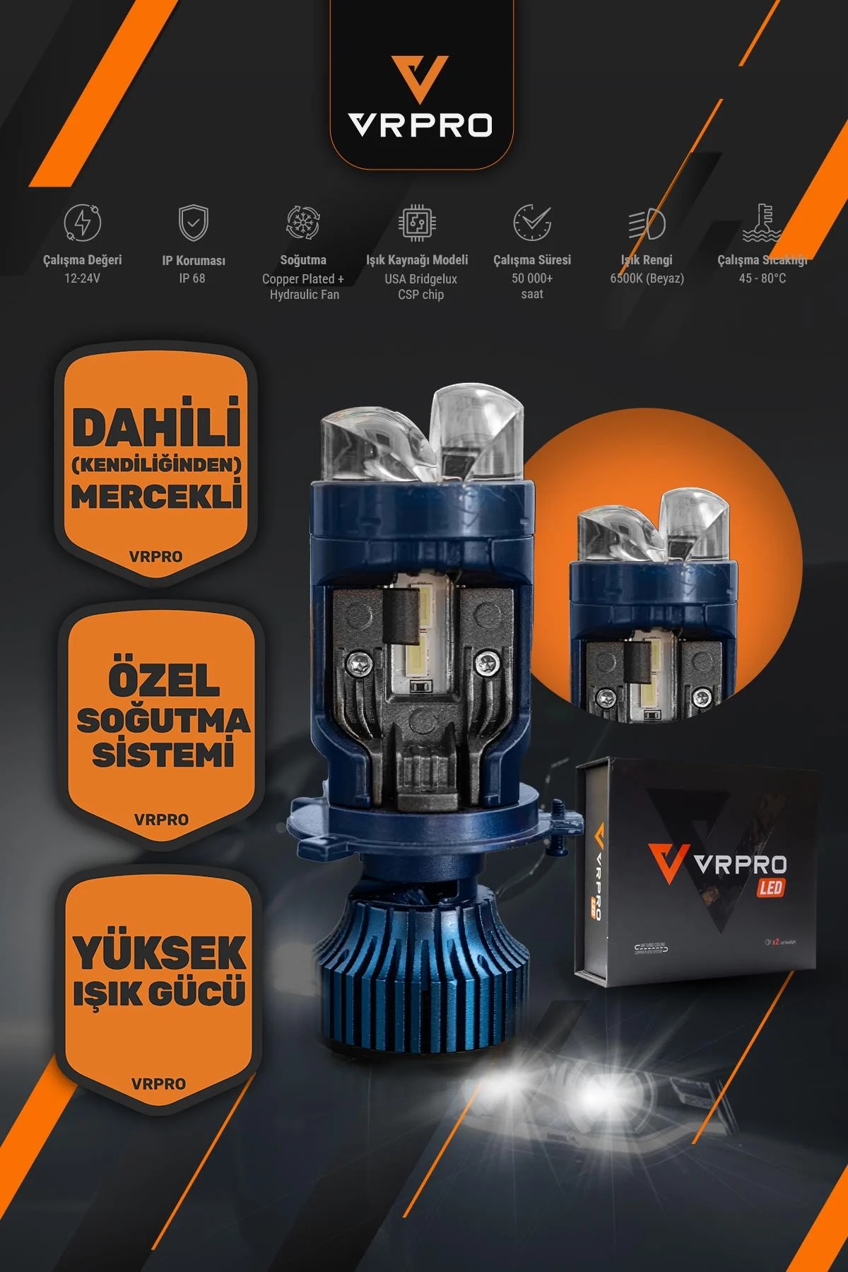 H4 Platinum Mercekli LED Far Ampulü 12V Çift Fazlı Uzun Kısa Fanlı Beyaz Işık