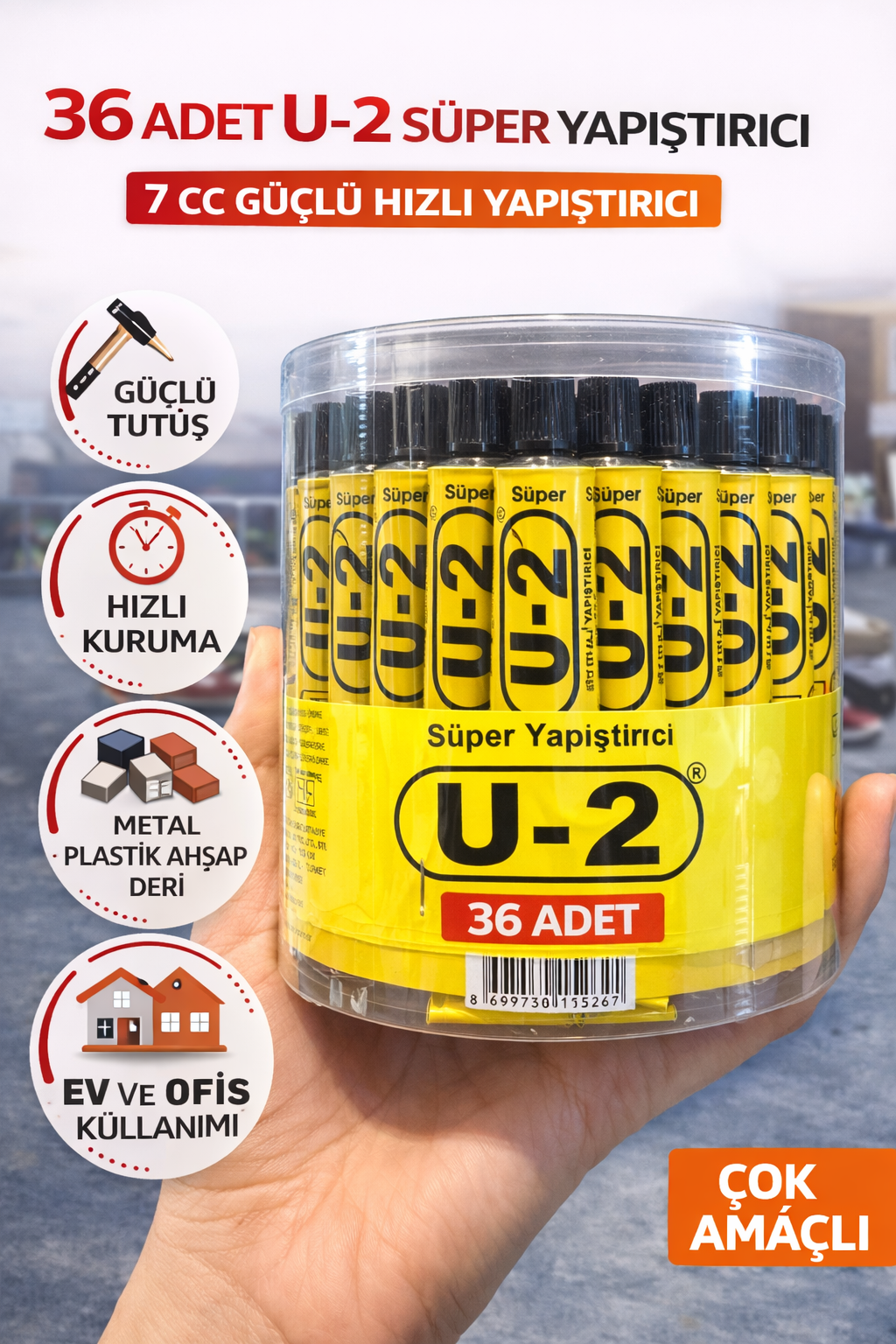 36 Adet U-2 Süper Yapıştırıcı 7 CC Güçlü Hızlı Yapıştırıcı Çok Amaçlı Metal Plastik Ahşap Deri Yapıştırıcı Şeffaf Kutulu
