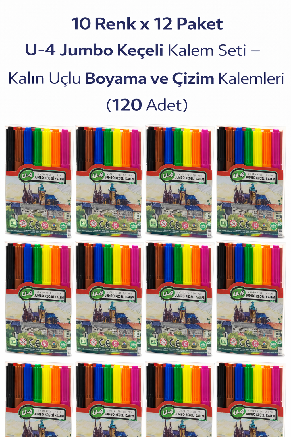 U-4 Jumbo Keçeli Kalem 10 Renk x 12 Paket – Kalın Uçlu Boyama ve Çizim Kalemi Seti (120 Adet)