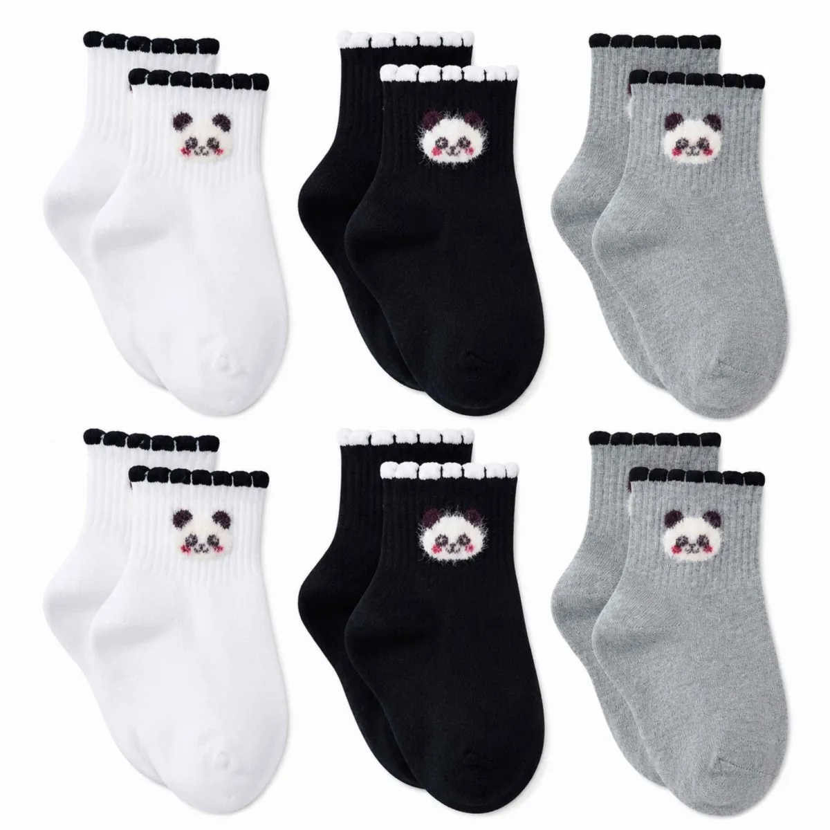 Kadın Panda Desenli Kısa Konç Çorap 6'lı Paket, %80 Pamuklu Dikişsiz Burun, Nefes Alan Yumuşak Bilek Çorabı, Siyah Beyaz Gri