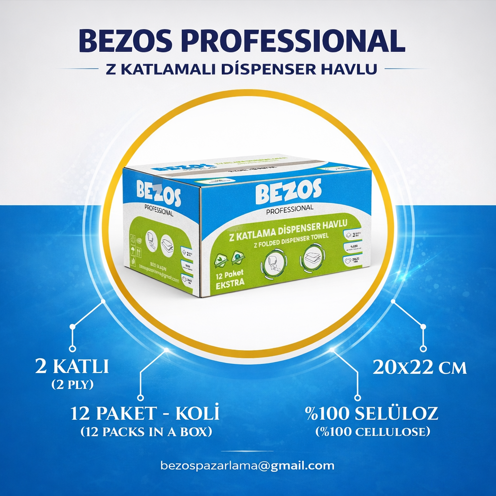 Bezos Professional Z Katlamalı Dispenser Havlu 2 Katlı %100 Selüloz 20x22 cm 12’li Koli