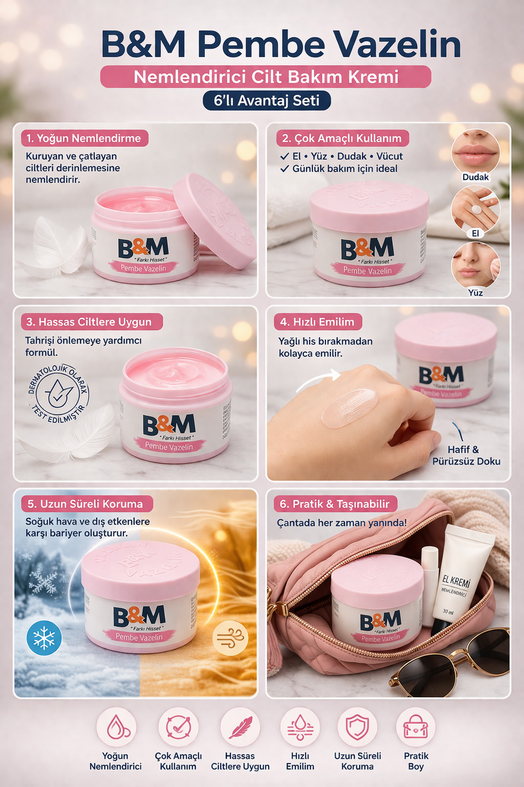 B&amp;M Pembe Vazelin Nemlendirici Cilt Bakım Kremi Çok Amaçlı Vazelin 6 Adet