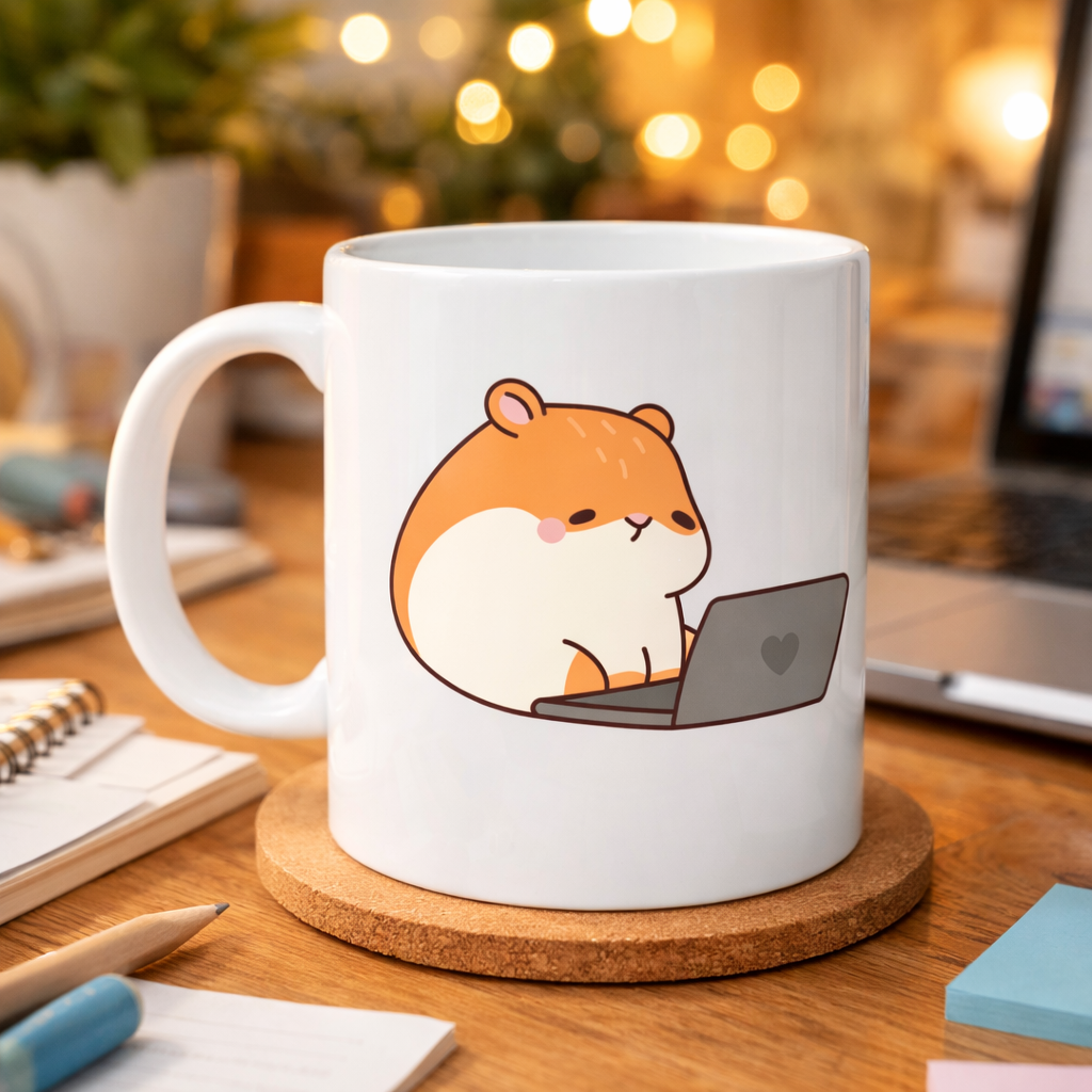 Laptoplu Hamster Desenli Porselen Kupa MODEL 112 – Sevimli Çalışkan Hamster Tasarımlı Kahve Kupası , Ofis &amp; Ev İçin Tatlı Hediye