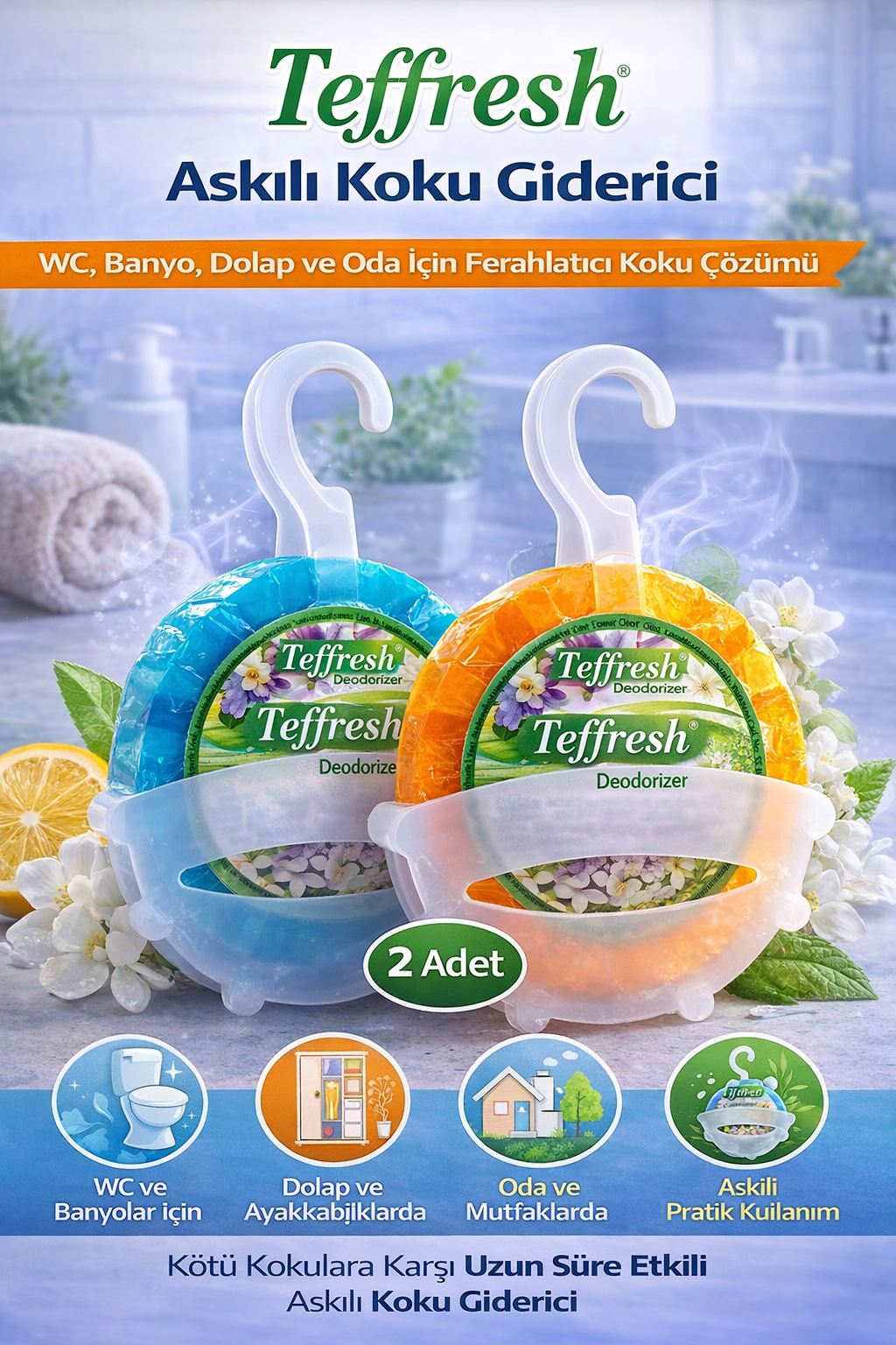 Teffresh Askılı Koku Giderici 2 Adet WC Banyo Dolap ve Oda İçin Askılı Ortam Koku Giderici