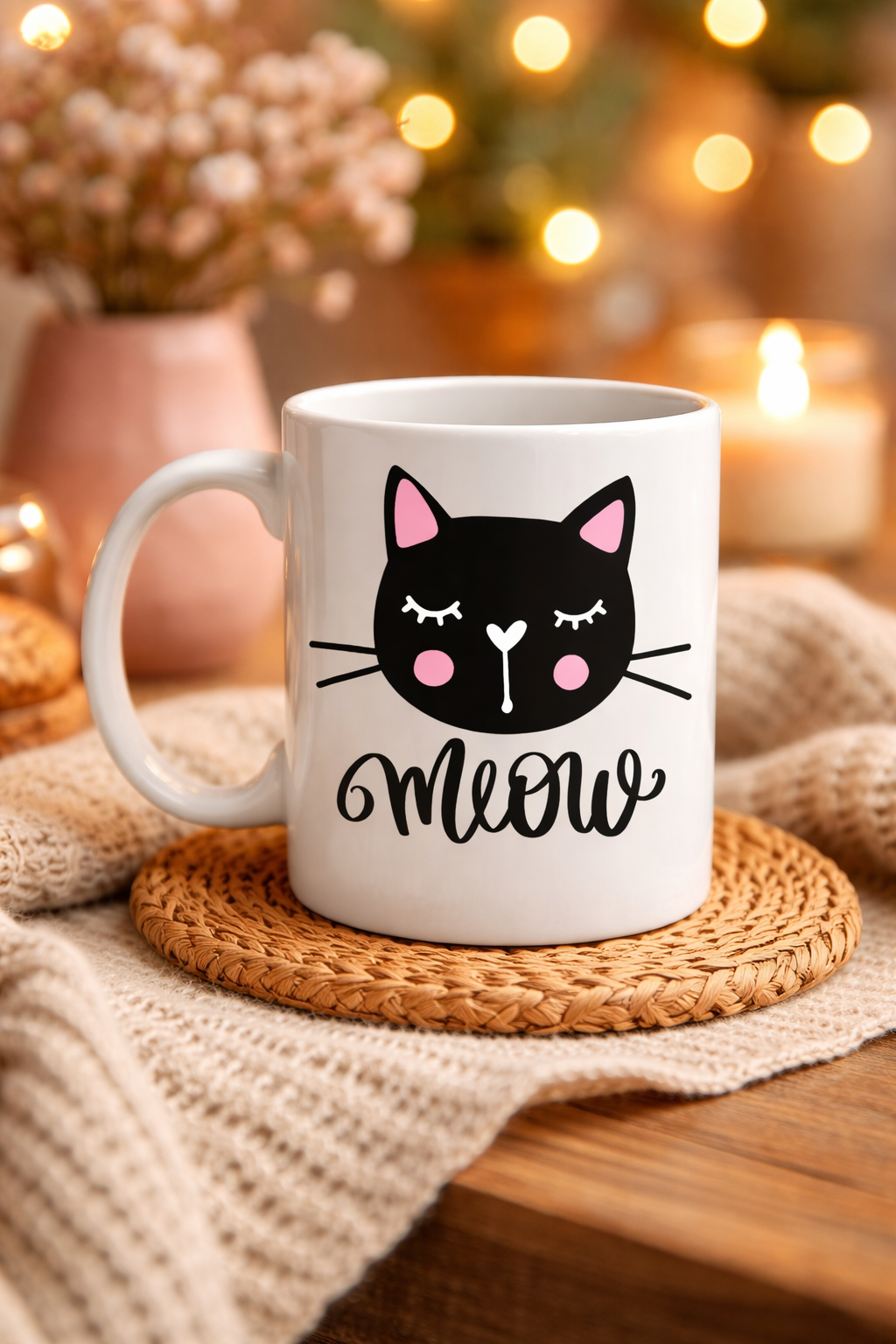 Sevimli Kedi Desenli Porselen Kupa MODEL 63 – “Meow” Yazılı Kahve &amp; Çay Keyfi İçin Tatlı Tasarım