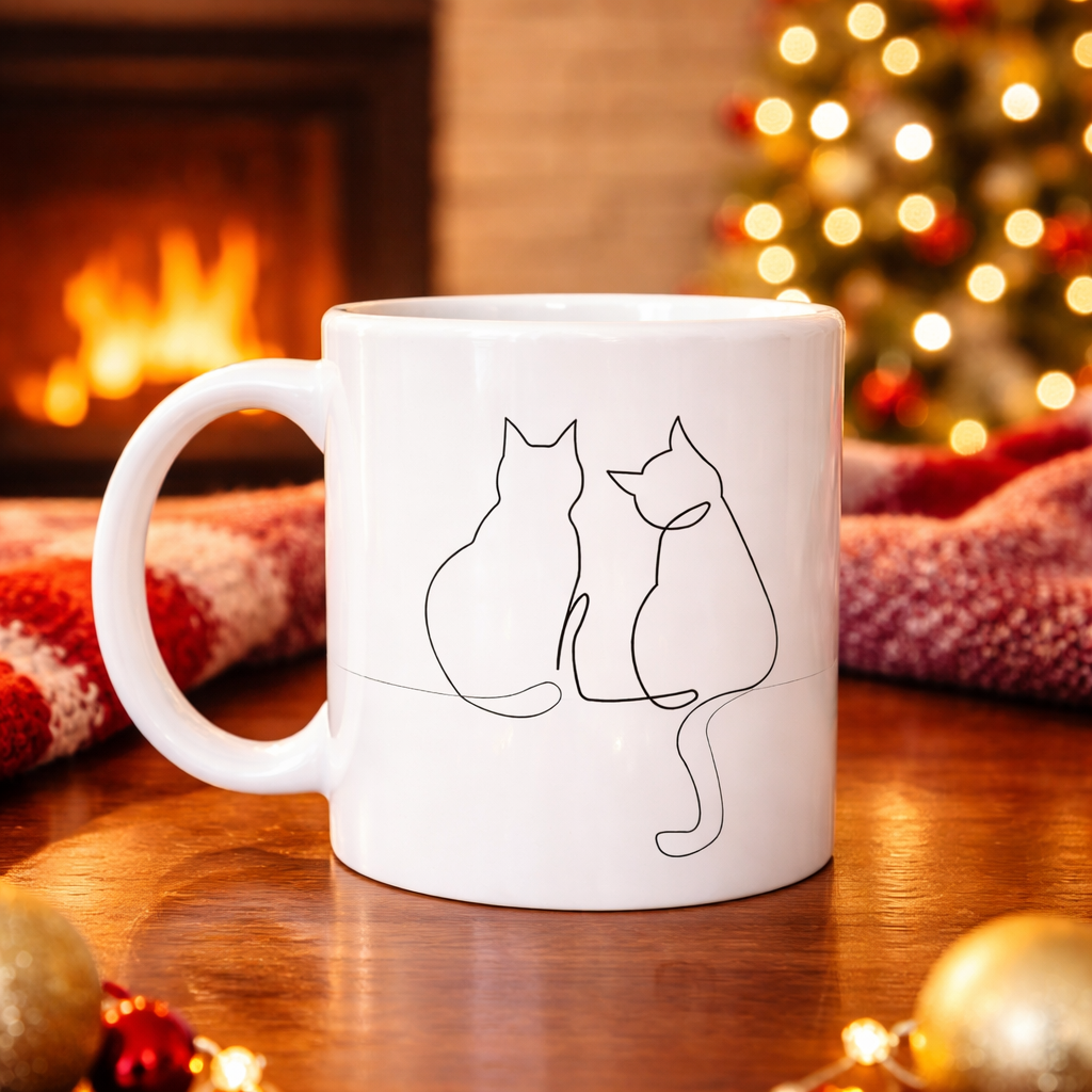 Minimal Çizim İki Kedi Desenli Porselen Kupa MODEL 77 – Sevgi Temalı Şık Tasarım, Kahve &amp; Çay Kupası