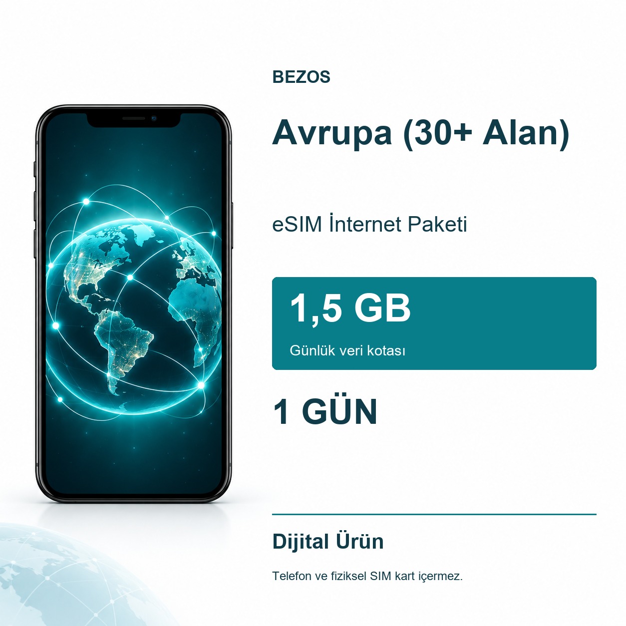 Avrupa (30+ Alan) eSIM İnternet Paketi Günlük 1,5 GB 1 Gün