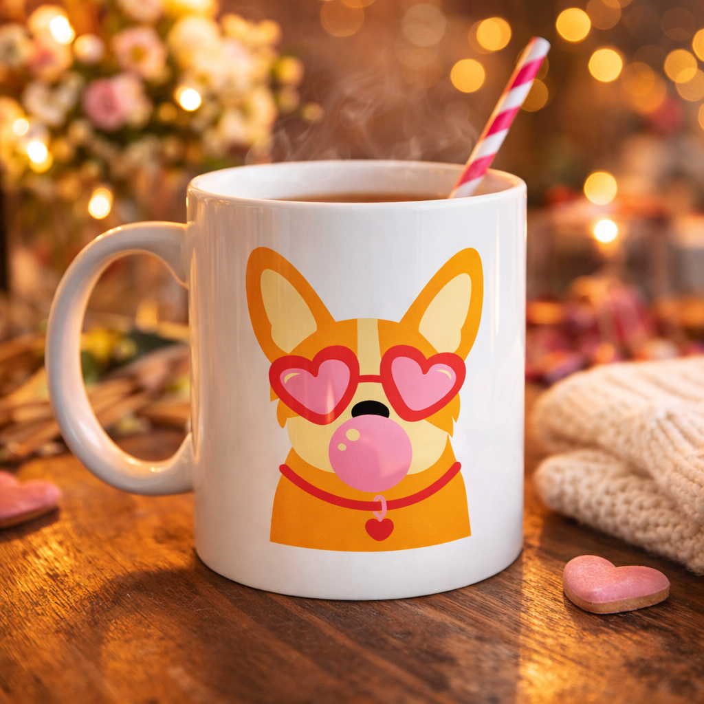 Sevimli Corgi Desenli Porselen Kupa Model 44 – Kalpli Gözlüklü Köpek Tasarımlı, Eğlenceli &amp; Hediye Fikri