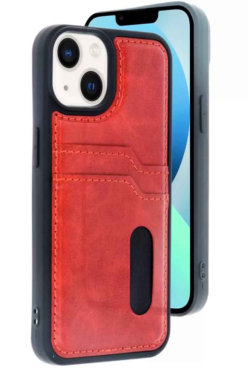 iPhone 15 Sara Kartvizitli Deri Kılıf - Kırmızı