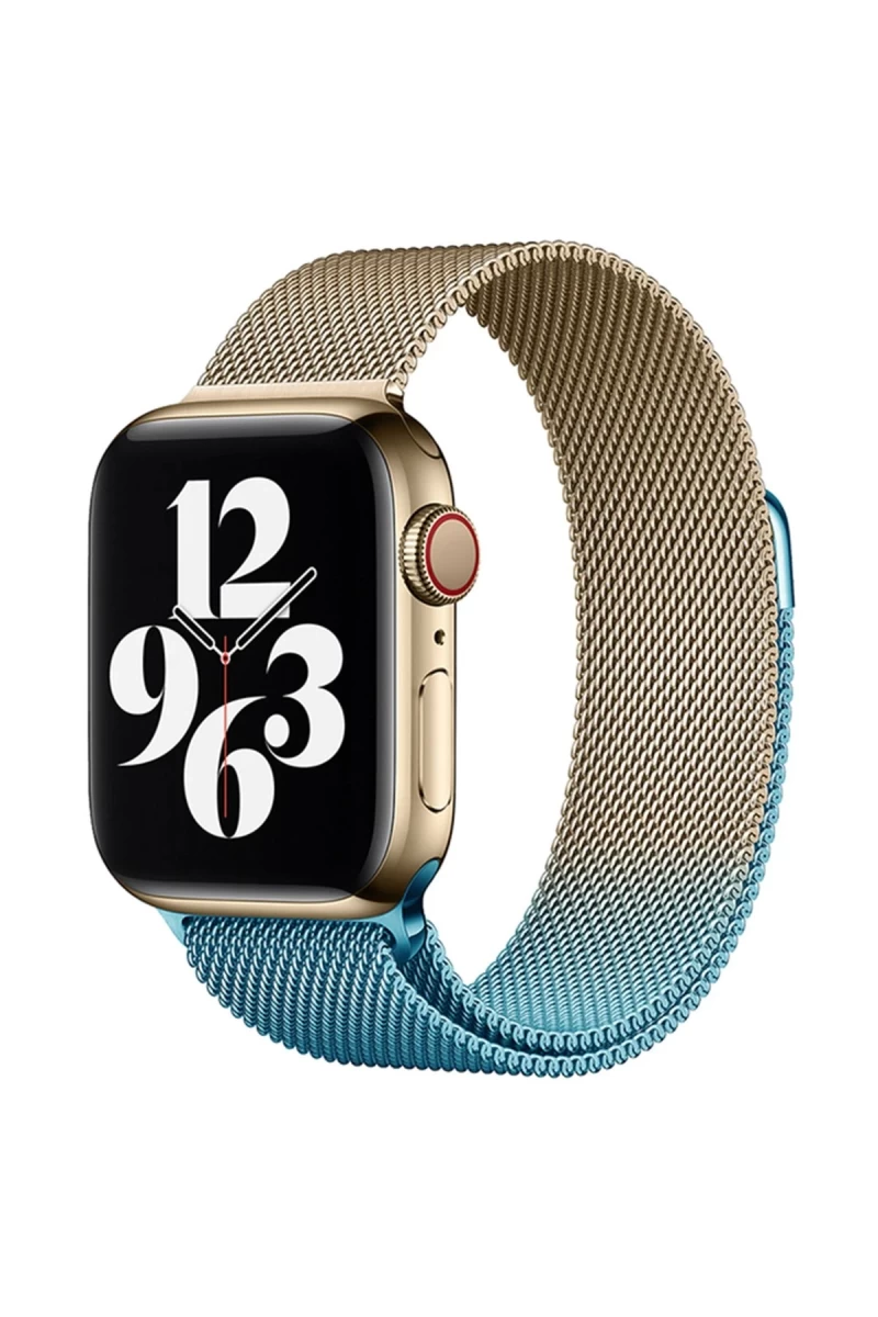 Apple Watch 38mm Uyumlu Metal Mıknatıslı Kordon - Metalik Gold-Mavi