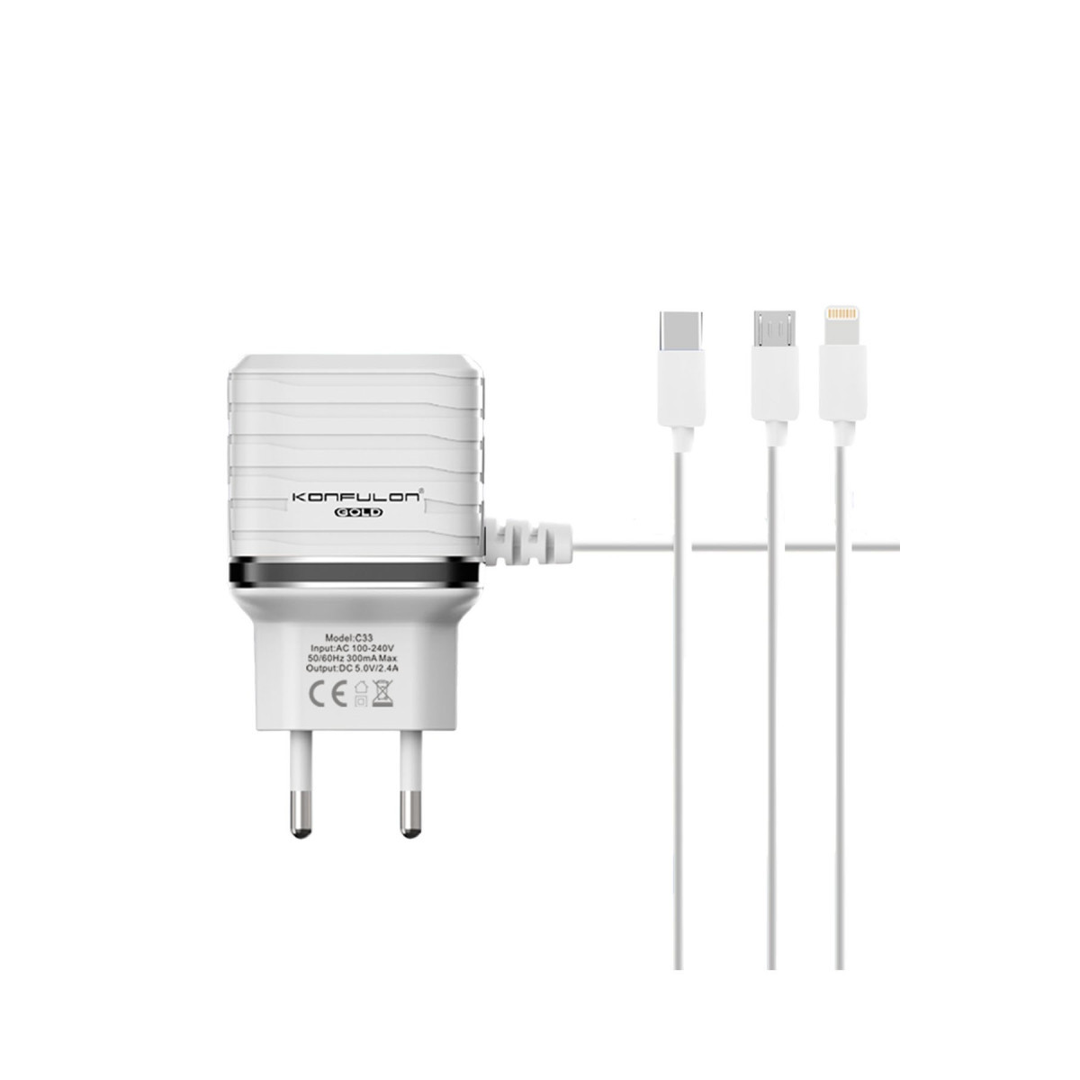C33 Hızlı Şarj Cihazı 3in1 (Dahili Lightning Kablo iphone Uyumlulu)