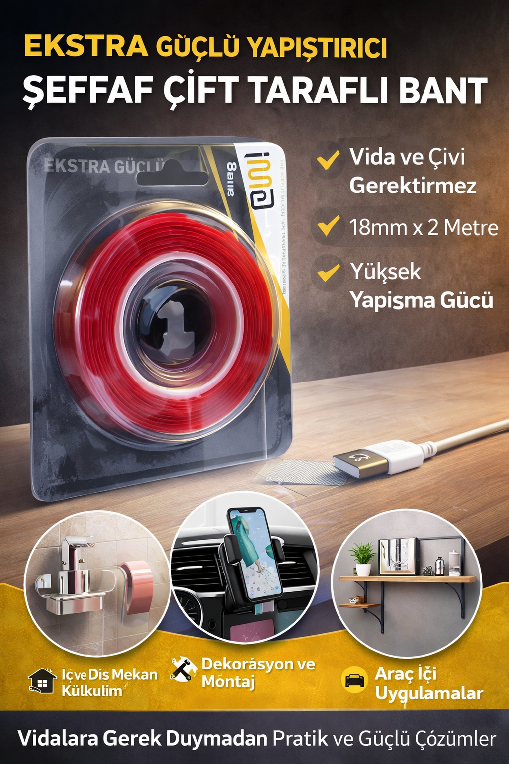 VHB Akrilik Silikon Bant 18mm x 2 Metre Şeffaf Çift Taraflı Güçlü Yapıştırıcı Bant