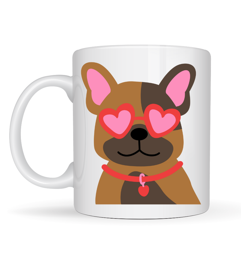 Sevimli French Bulldog Desenli Porselen Kupa Model 48 – Kalpli Gözlüklü Köpek Tasarımı, Hediye Kupa, Kahve &amp; Çay Kupası