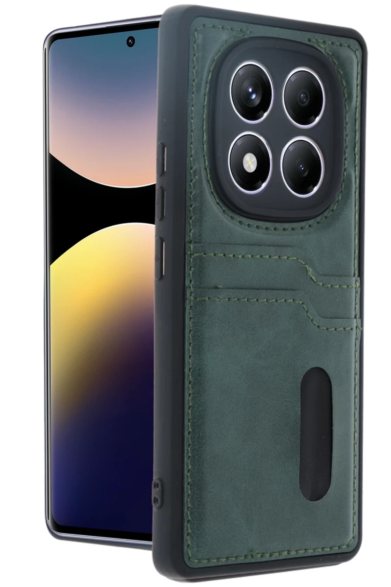 Xiaomi Redmi Note 14 Pro 5G Uyumlu Kılıf Sara Kartvizitli Deri Kılıf - Koyu Yeşil