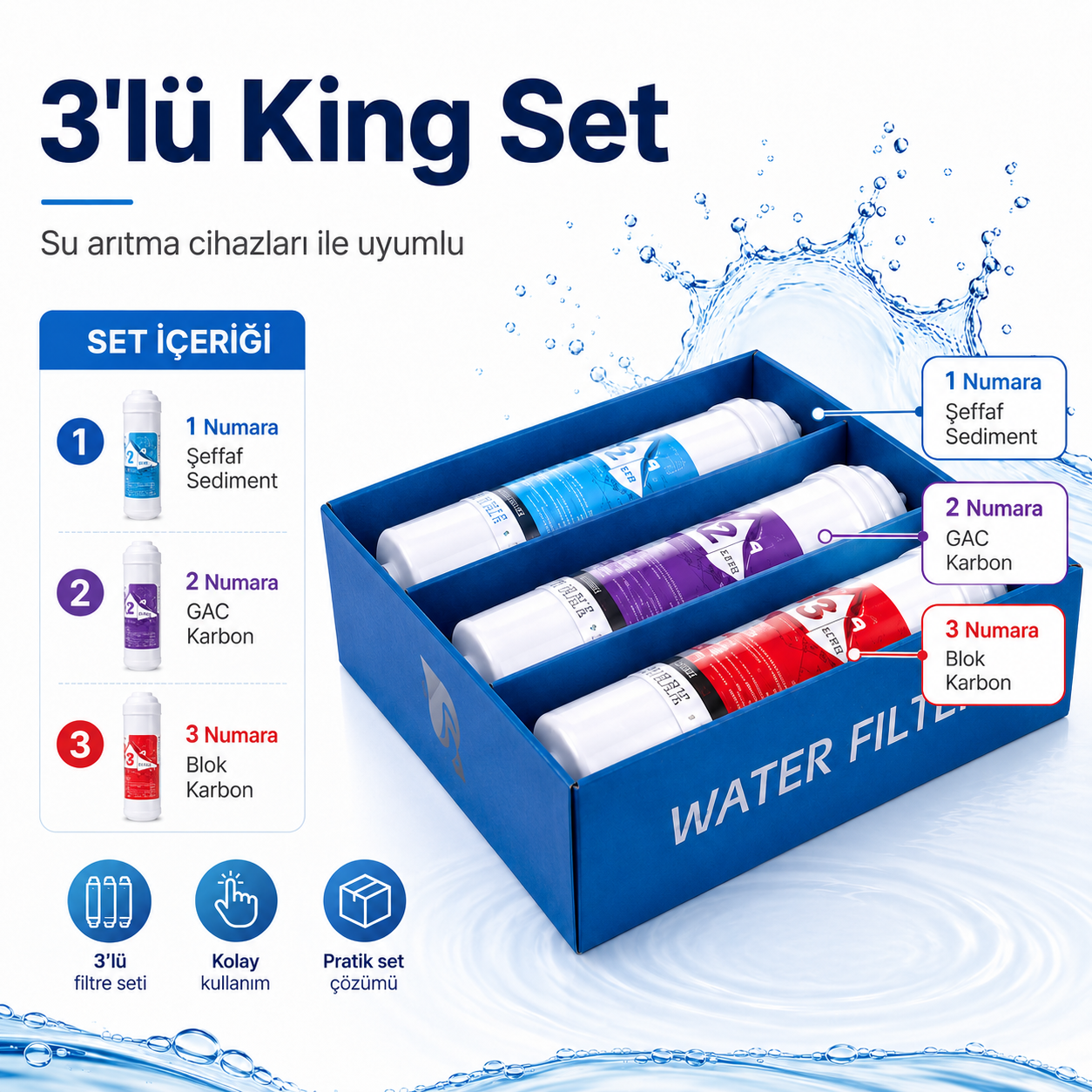 3’lü King Su Arıtma Filtre Seti Sediment GAC ve Blok Karbon 408694613