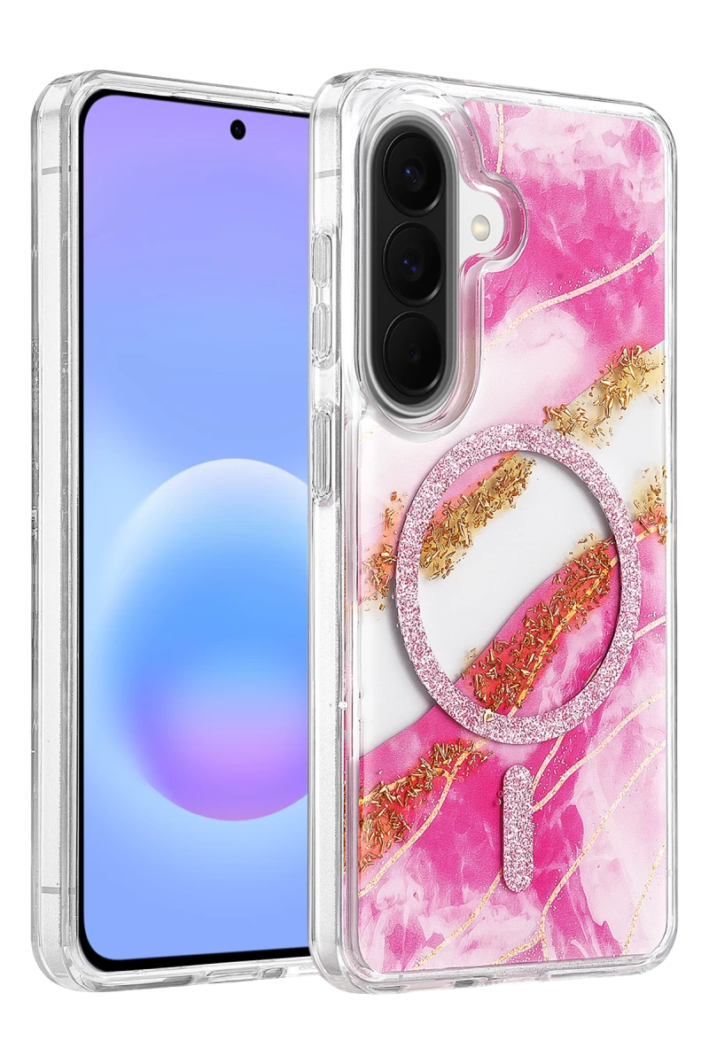 Onegif Samsung Galaxy A56 Uyumlu Lotus Simli Magsafe Kapak - Pembe