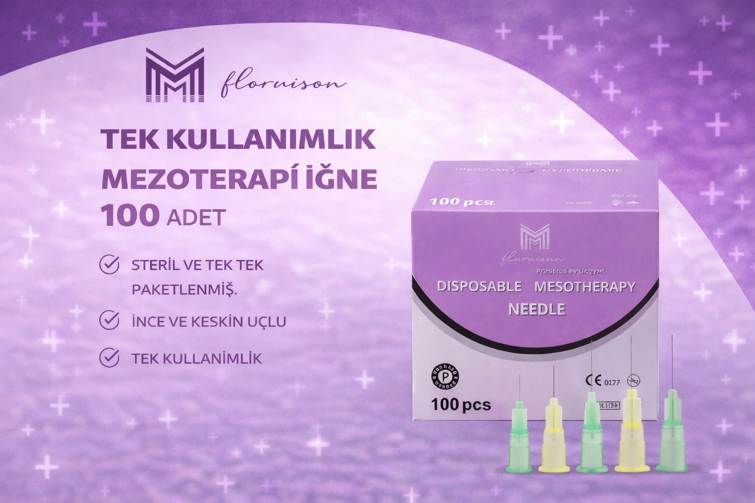 34G X 4MM Mezoterapi Steril Enjeksiyon İğnesi 100 Adet 1 Kutu