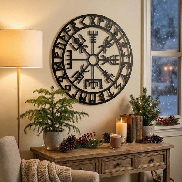 Viking Pusulası Vegvisir Duvar Tablosu MDF Lazer Kesim Nordik Duvar Süsü Modern Dekor