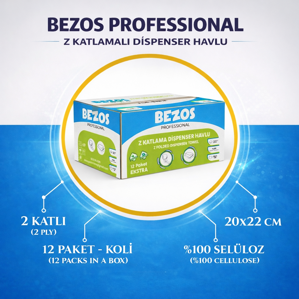 Bezos Professional Z Katlamalı Dispenser Havlu 2 Katlı %100 Selüloz 20x22 cm 12’li Koli